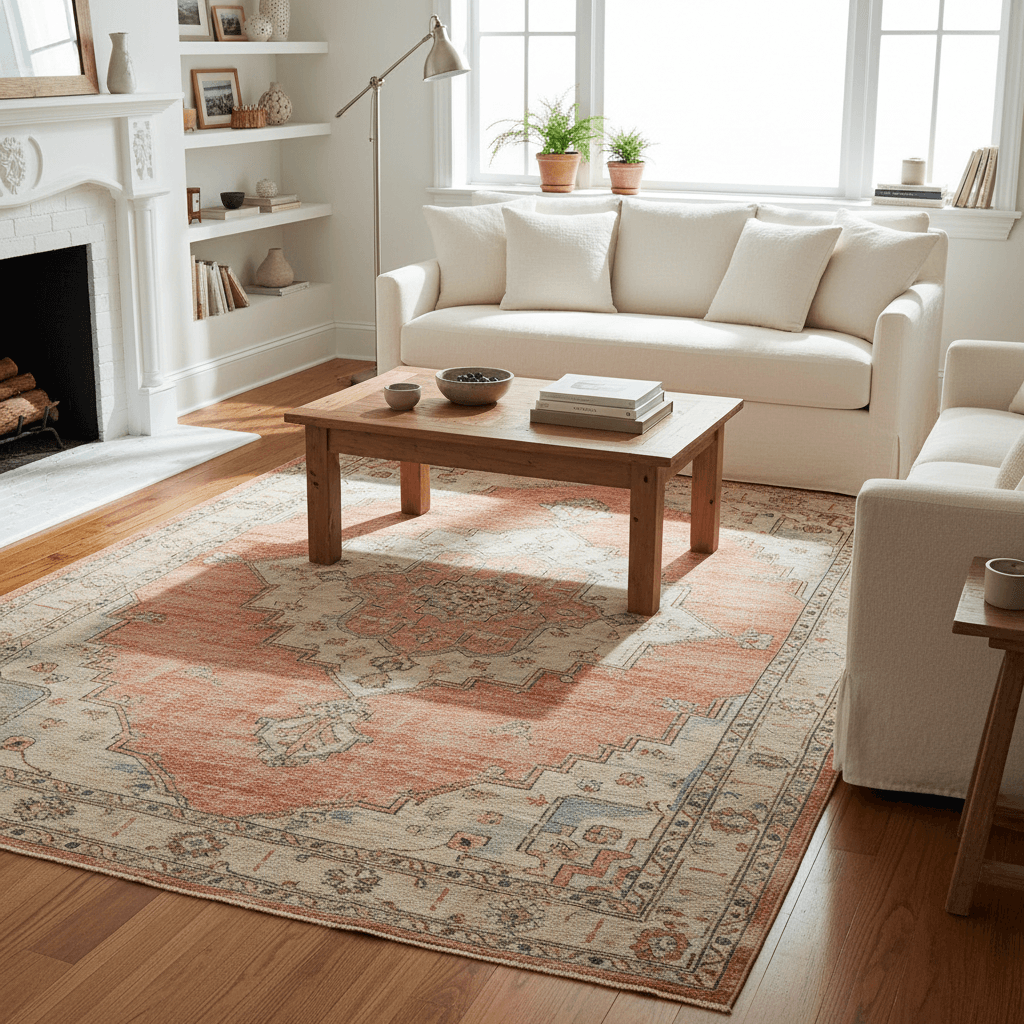 Antique Turkish rug in a bright living room anchored by a wooden coffee table