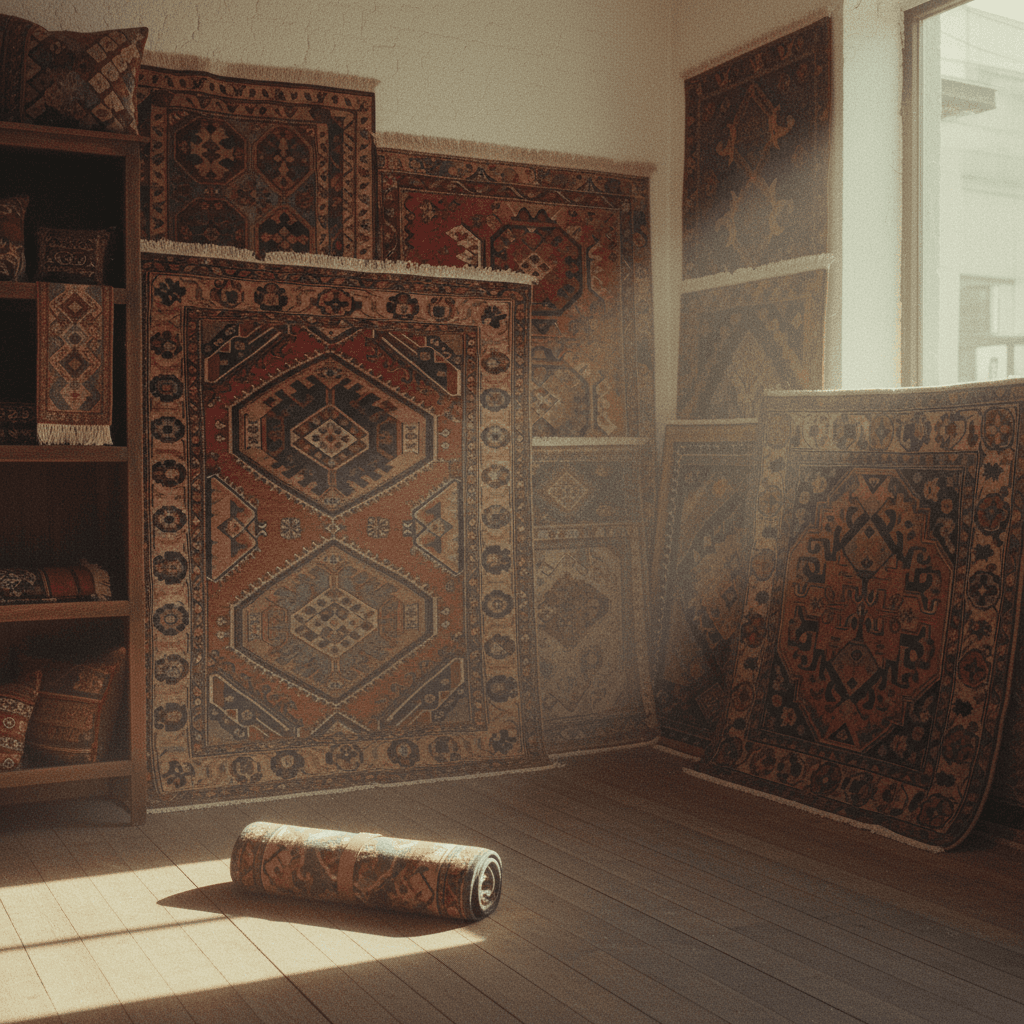 Sunlit showroom corner with stacked new and antique rugs in various patterns