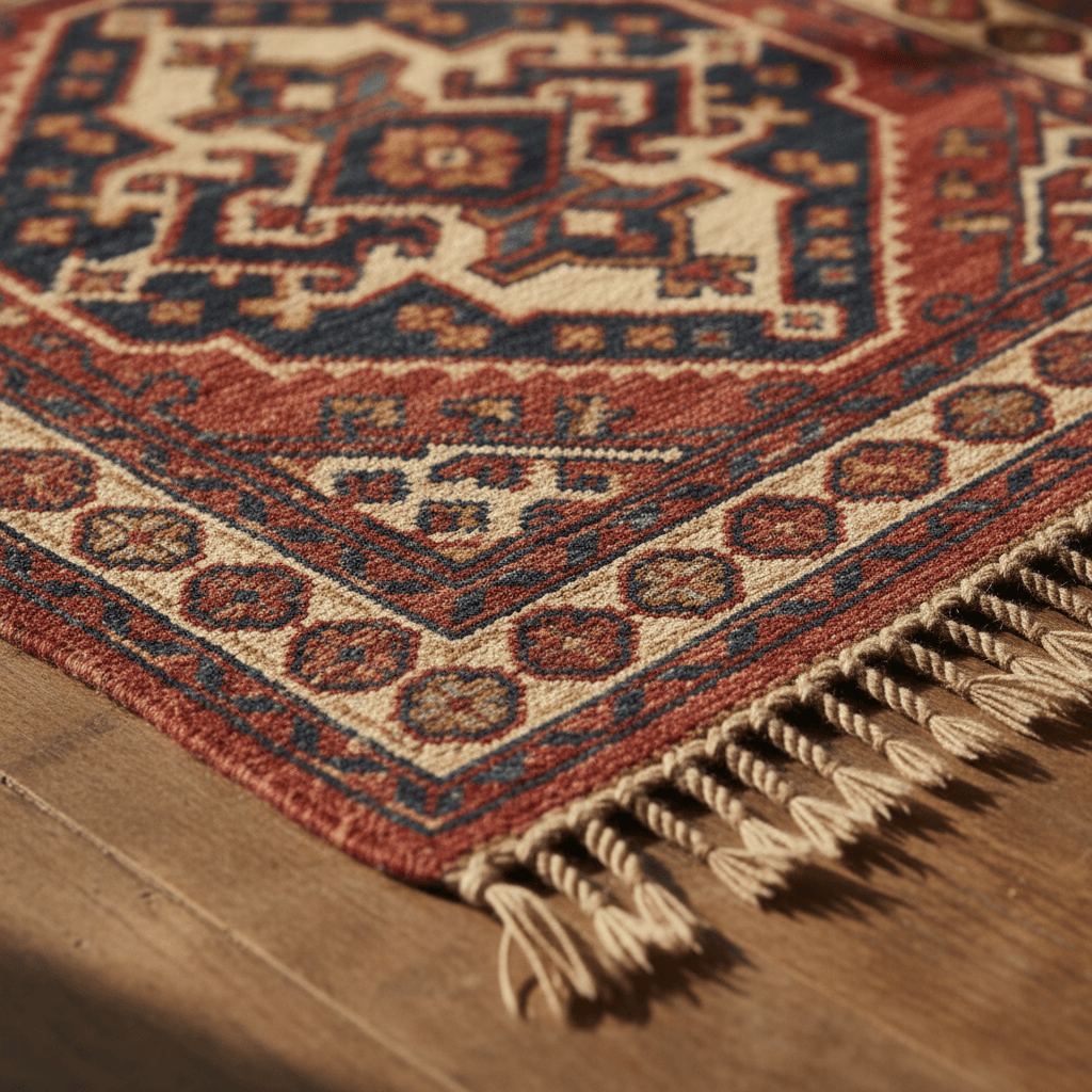 Close-up of an ornate handwoven Persian rug corner with visible fringe and rich colors