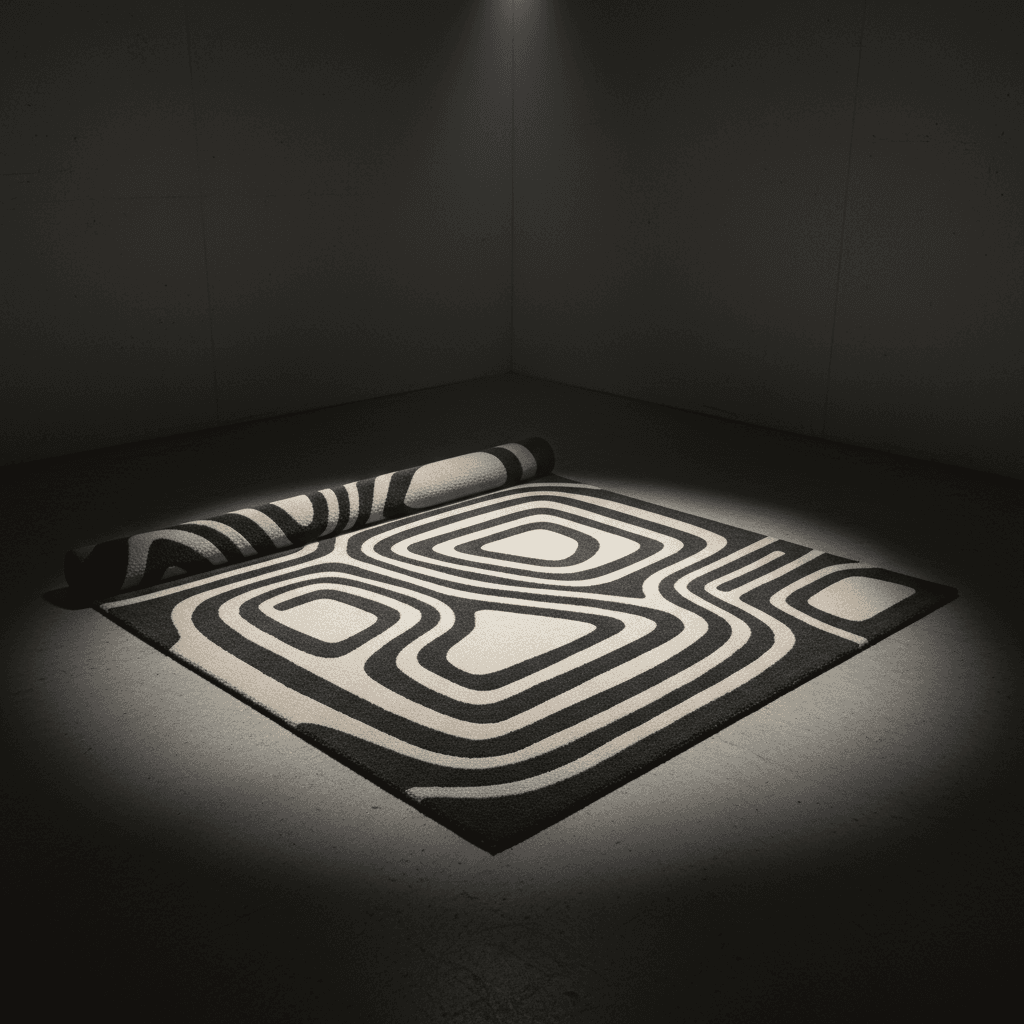 Modern hand-tufted rug with abstract charcoal and cream design, partially rolled