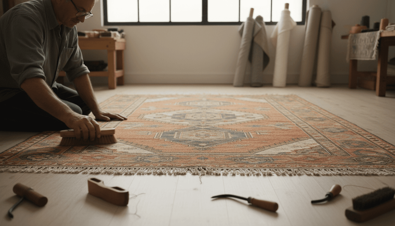 Craftsman examining an antique rug in a softly lit workshop