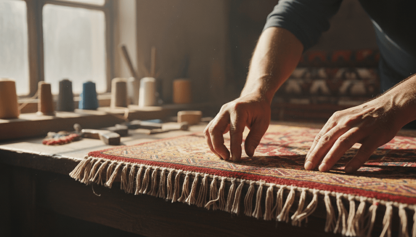 Hands inspecting the fringe of an antique rug in a workshop