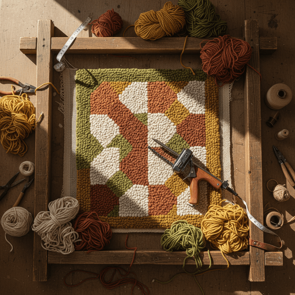 Overhead view of a custom tufting project in progress with a tufting gun and yarn