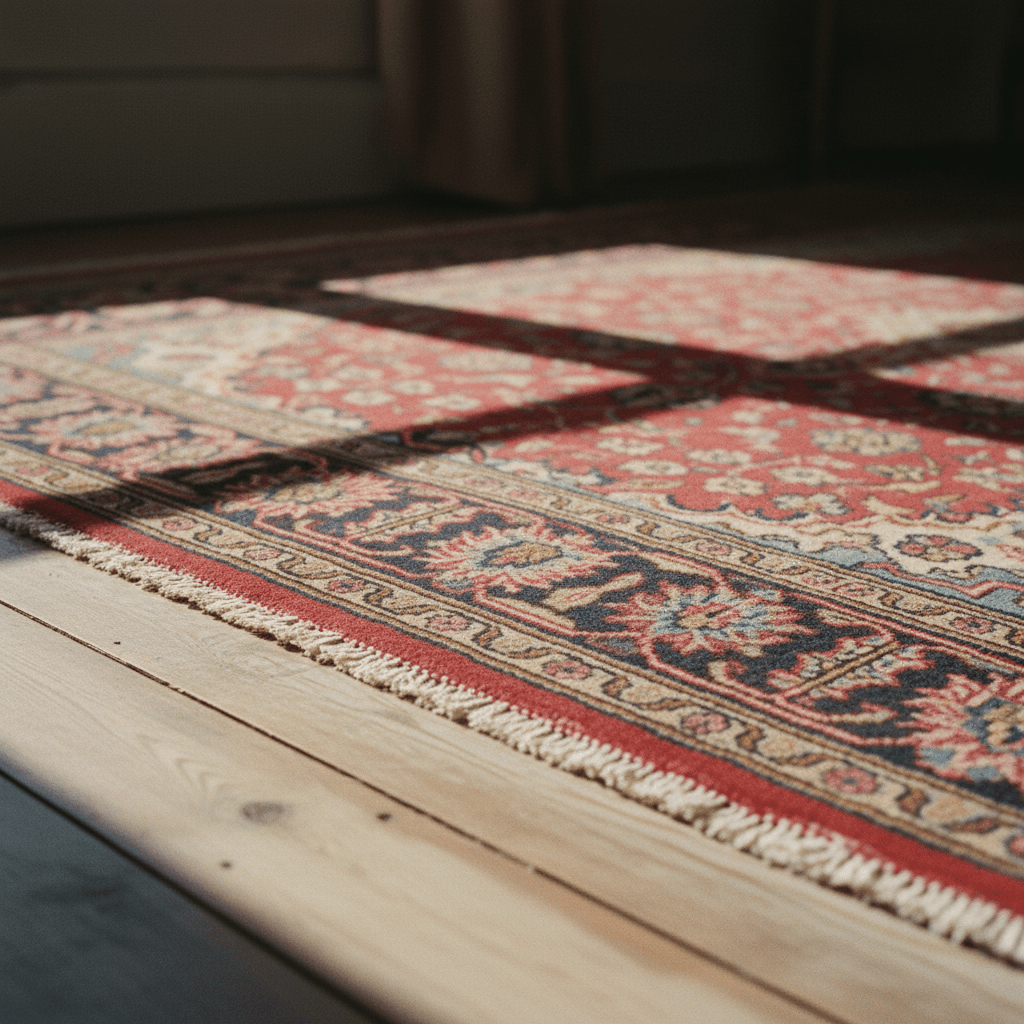 Close-up of an antique Persian rug corner showing the intricate pattern and worn fringe