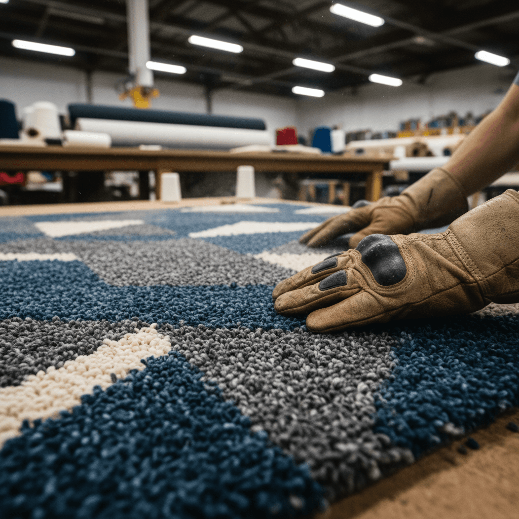 Hands touching a freshly sheared custom-tufted rug, highlighting the thick pile