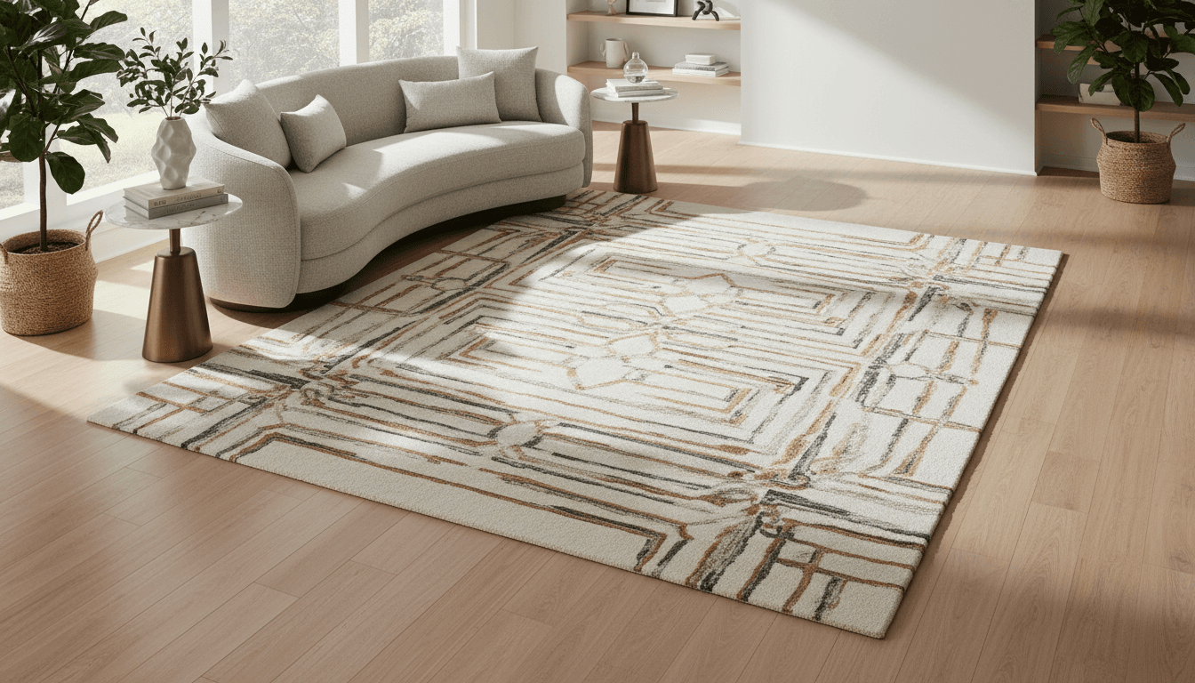 New flatweave rug with geometric pattern in a bright living room