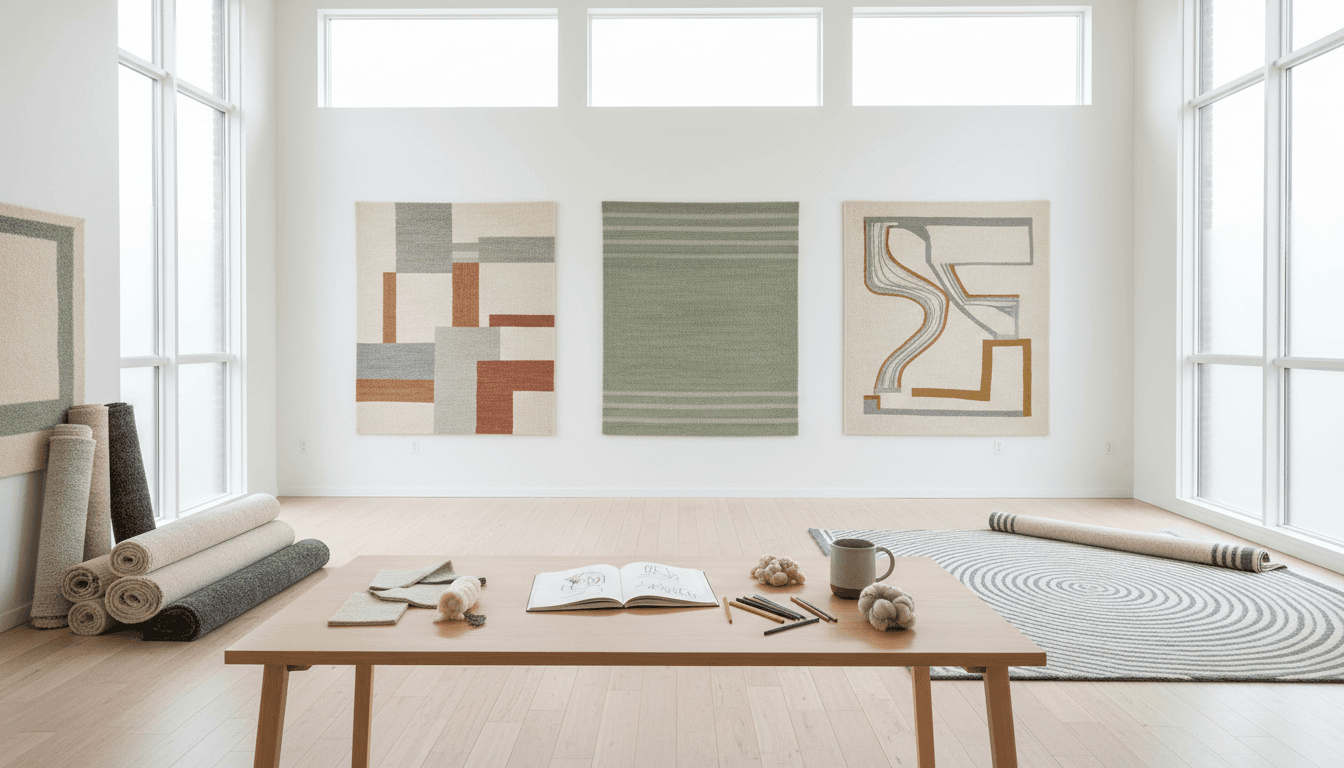 Cozy rug showroom interior with stacked handwoven rugs in warm natural light