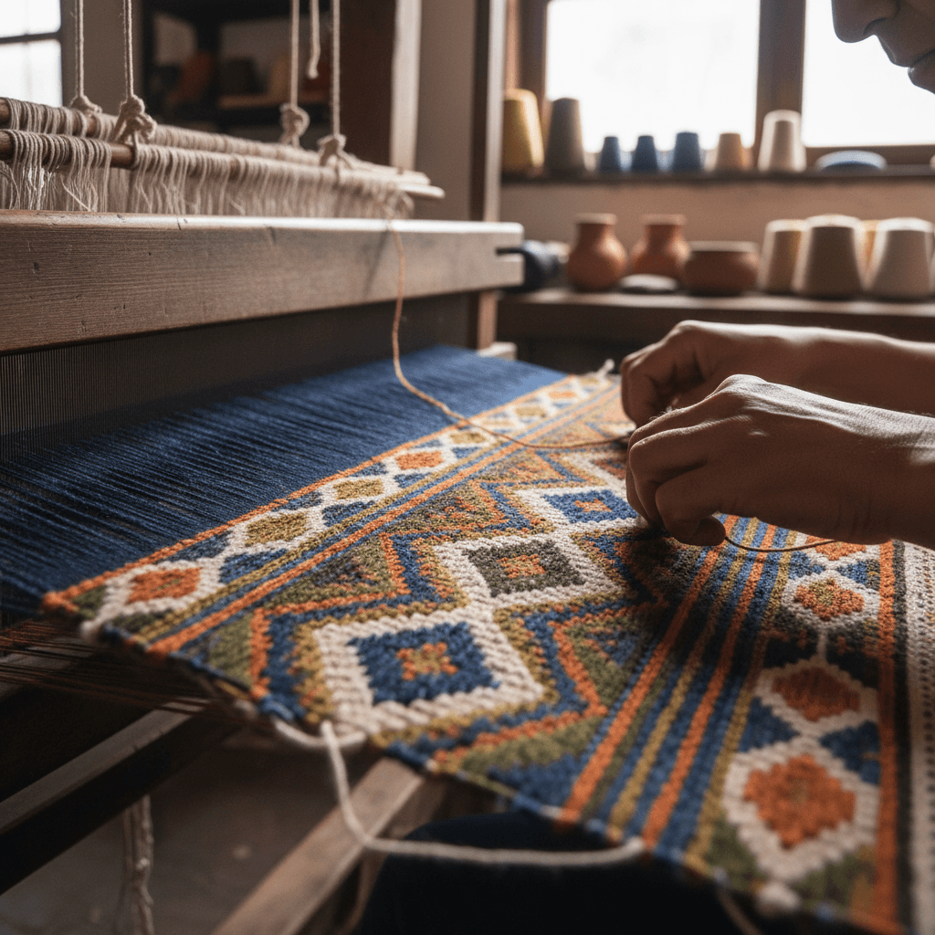 Hands brushing a wool rug pile with a soft bristle brush