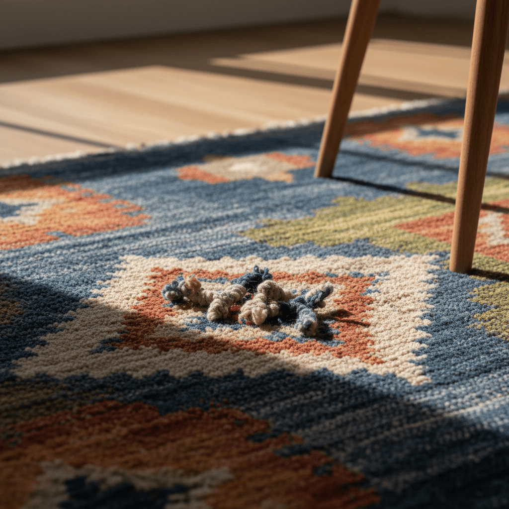 Close-up of a wool rug being submerged in a shallow basin of clear water, hands gently pressing the fibers