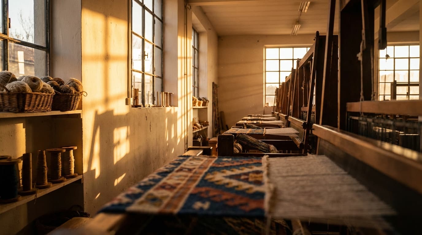 A freshly cleaned rug drying in a workshop