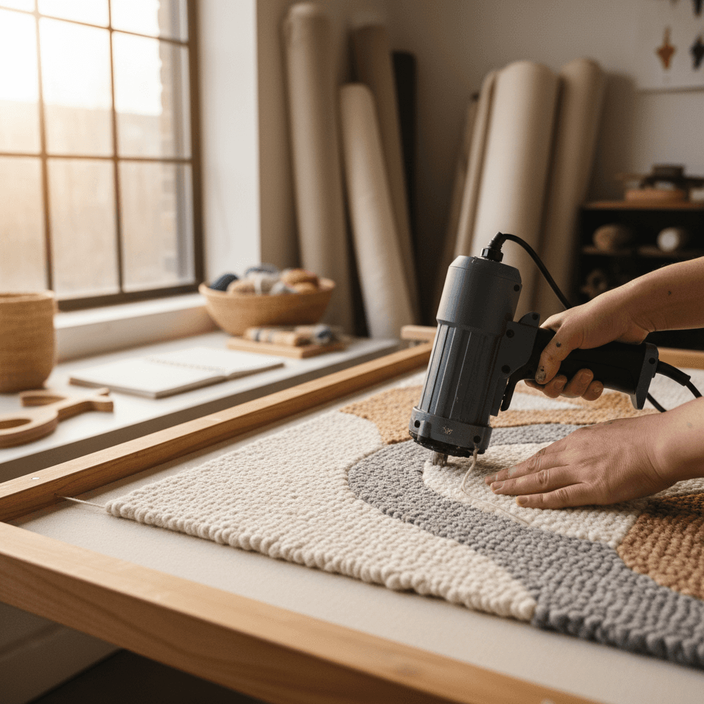 Hand of a specialist using a soft brush to gently loosen dirt from the fringe and border of a patterned rug